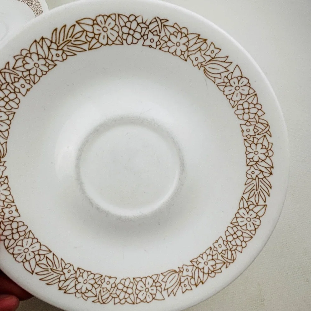 Corelle Woodland Brown 6 Flat Cup & Saucer Set Hook Handle Floral White Vintage‎